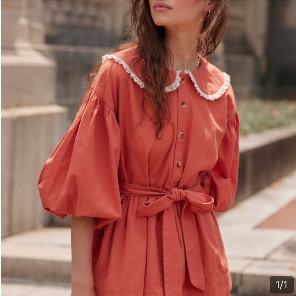 XS Free People Porto Set in Rust Orange Matching Shorts Set Button, Lace, Collar